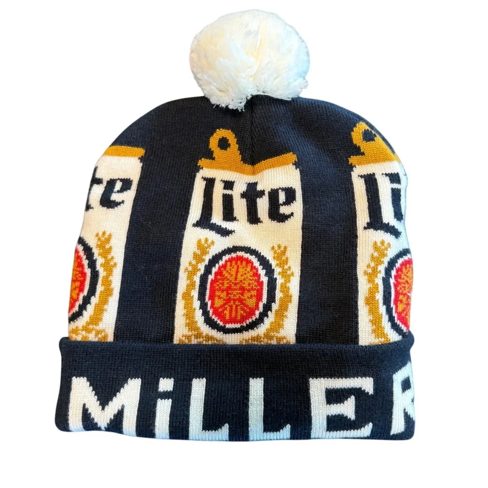 Miller Lite Beer Knit Beanie Hat Pom Pom Navy Blue Acrylic Winter Cap Mens OSFM
